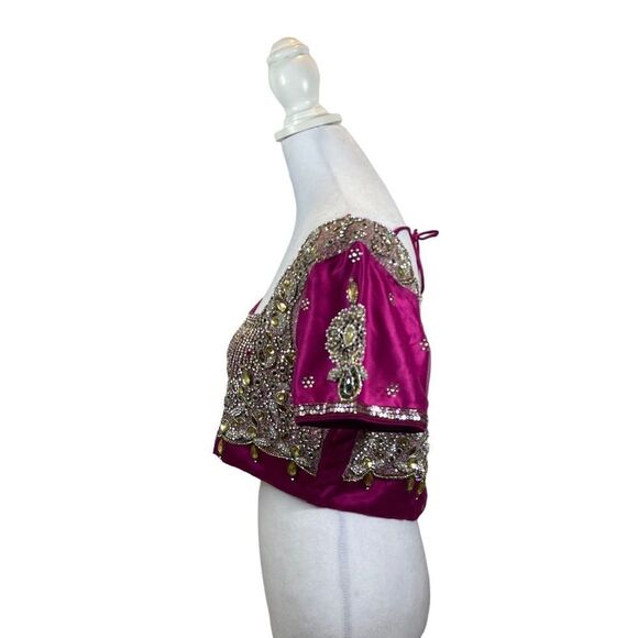 One of a Kind Hot Pink Embroidered and Jeweled Sari Top Size Large - Picture 14 of 16